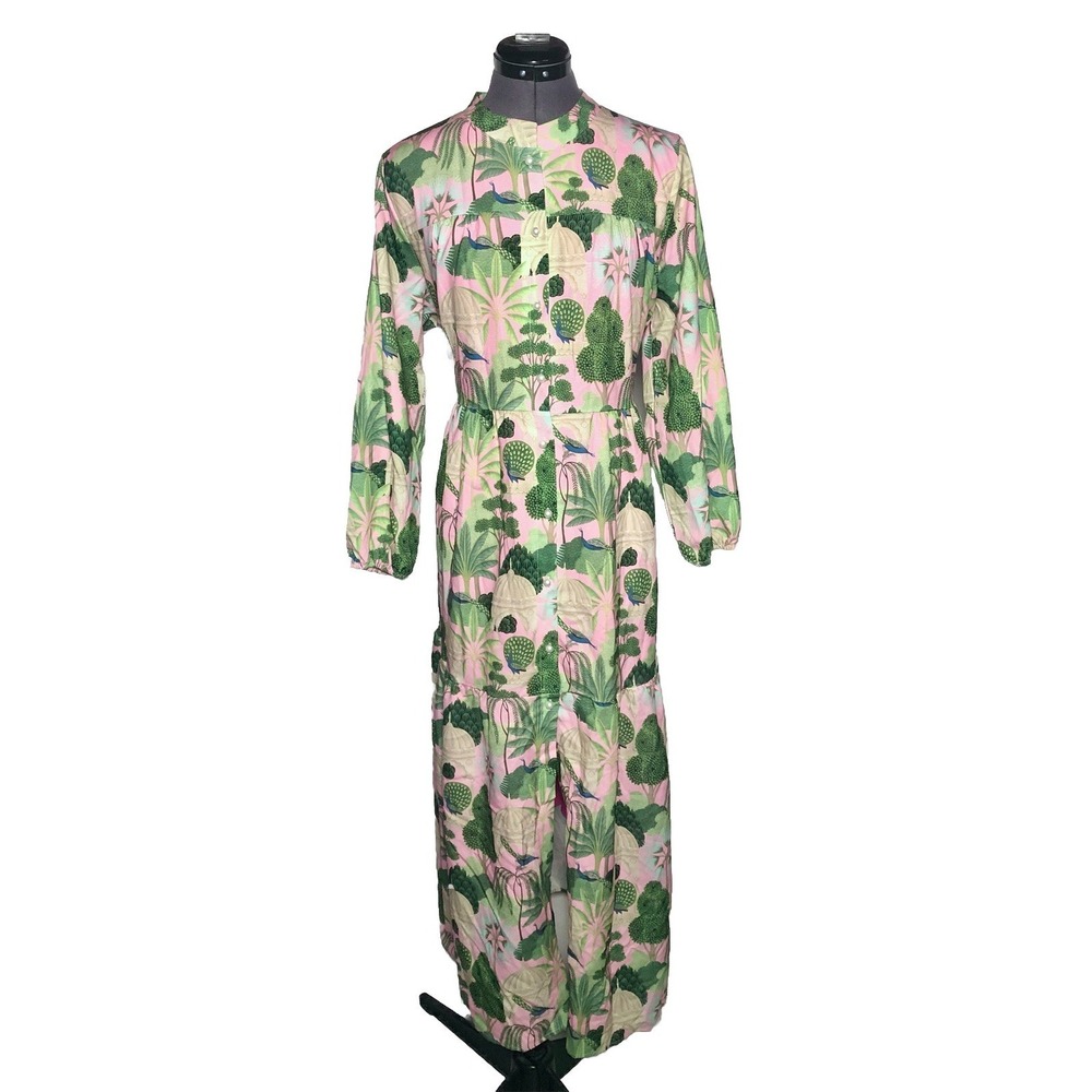 Boho Whimsical Peacock Tropical Maxi Dress Button Front Pink‎ Green B-44 W-42 XL
